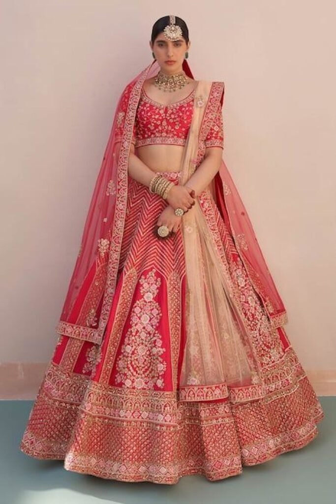 Buy Red Raw Silk Embroidered Zardozi Plunge Neck Bridal Lehenga Set For Women by Angad Singh Online at Aza Fashions