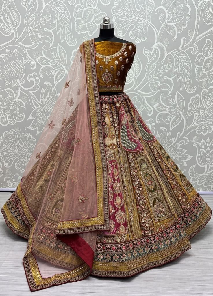 Indian Wedding Wear Mustad Colored Heavy Velvet Lehenga Choli With Diamond Thread Worked Beautiful Dupatta Prefect Bridesmaids Gifts