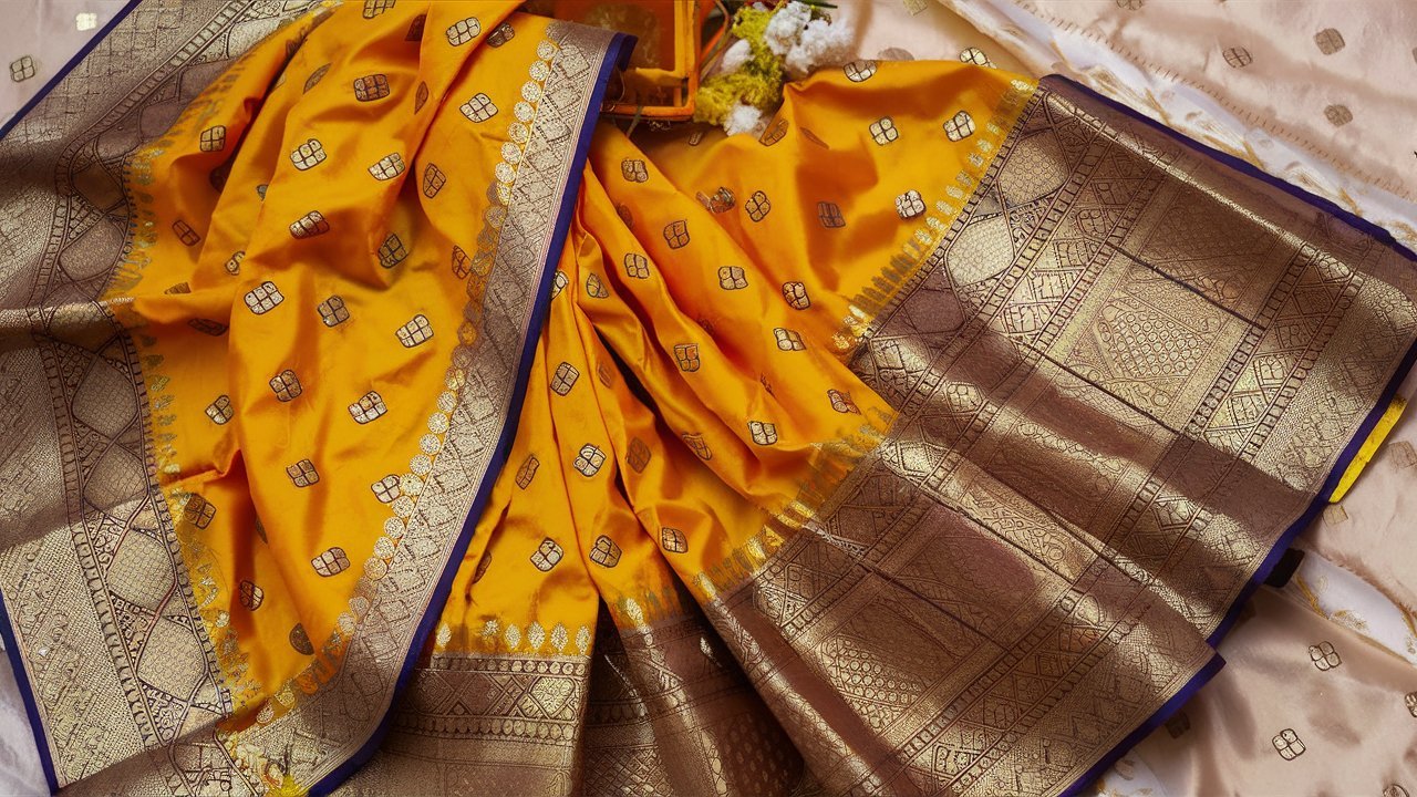 a stunning image of a yellow banarasi saree adorne SIHstTM1RnCrgJ VTl3PfA IF35wTd6Q4CrkLhRsRqH A